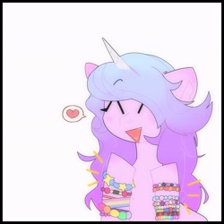 Size: 2048x2048 | Tagged: safe, artist:blairvonglitter, izzy moonbow, pony, unicorn, g5, my little pony: a new generation, ^^, bracelet, eyes closed, friendship bracelet, happy, heart, high res, jewelry, pictogram, smiling, solo, speech bubble, spoken heart