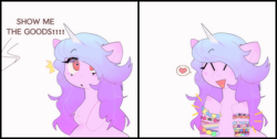 Size: 4072x2048 | Tagged: safe, artist:blairvonglitter, edit, izzy moonbow, pony, unicorn, g5, my little pony: a new generation, 2 panel comic, :o, ^^, bracelet, comic, cute, emanata, eyes closed, friendship bracelet, happy, heart, izzybetes, jewelry, open mouth, open smile, pictogram, show me the goods, smiling, solo, speech bubble, spoken heart