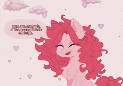 Size: 1242x871 | Tagged: safe, artist:blairvonglitter, pinkie pie, earth pony, pony, g4, chest fluff, dialogue, eyes closed, happy, heart, smiling, solo