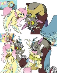 Size: 1100x1400 | Tagged: safe, artist:pegacousinceles, screencap, discord, fluttershy, draconequus, pegasus, pony, g4, keep calm and flutter on, to where and back again, alternate design, antlers, choking, duo, female, grin, hug, hugging a pony, male, scene interpretation, screencap reference, shipping fuel, simple background, smiling, stare, tattoo, the stare, white background, wings