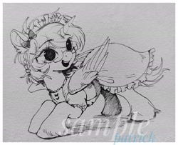 Size: 2048x1665 | Tagged: safe, artist:paipaishuaige, oc, oc only, oc:sealvia, alicorn, pony, clothes, dress, glasses, happy, smiling, solo, traditional art, watermark