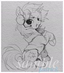 Size: 1794x2048 | Tagged: safe, artist:paipaishuaige, pony, unicorn, clothes, grin, headset, hoodie, smiling, solo, traditional art, watermark