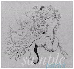 Size: 2048x1917 | Tagged: safe, artist:paipaishuaige, oc, oc only, pony, bow, eyes closed, flying, hair bow, happy, smiling, solo, spread wings, traditional art, unshorn fetlocks, watermark, wings
