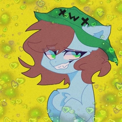 Size: 1242x1242 | Tagged: safe, artist:blairvonglitter, oc, oc only, oc:neko, earth pony, pony, chest fluff, grin, hat, heart, looking at you, sharp teeth, smiling, solo, teeth