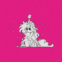 Size: 768x768 | Tagged: safe, artist:blairvonglitter, oc, oc only, pegasus, pony, birthday, blushing, cake, chest fluff, food, hat, party hat, party horn, smiling, solo, sparkles
