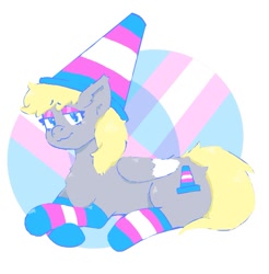 Size: 1217x1237 | Tagged: safe, artist:sugarfrogg_, oc, oc only, pegasus, pony, clothes, hat, lidded eyes, looking at you, lying down, pride, pride flag, pride socks, socks, solo, striped socks, traffic cone, transgender pride flag