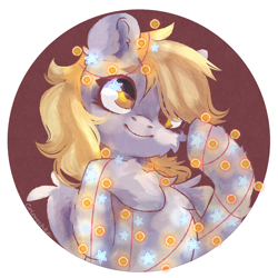 Size: 4000x4000 | Tagged: safe, artist:colorbrush, derpy hooves, pegasus, pony, g4, absurd resolution, bust, cheek fluff, chest fluff, christmas, christmas lights, cute, derpabetes, ear fluff, female, holiday, leg fluff, mare, portrait, raised hoof, smiling, solo, tangled up, three quarter view, wings