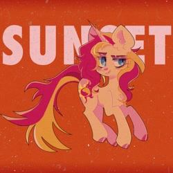 Size: 1242x1242 | Tagged: safe, artist:blairvonglitter, sunset shimmer, pony, unicorn, g4, chest fluff, lidded eyes, smiling, solo