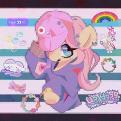 Size: 2000x2000 | Tagged: safe, artist:blairvonglitter, artist:lexiedraw, fluttershy, pegasus, semi-anthro, g4, arm hooves, cap, clothes, ear piercing, earring, hat, high res, hoodie, jewelry, looking at you, piercing, scrapbook aesthetic, solo