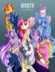 Size: 1280x1680 | Tagged: safe, artist:just-silvushka, luster dawn, princess celestia, princess flurry heart, princess luna, starlight glimmer, sunset shimmer, twilight sparkle, alicorn, pony, unicorn, g4, the last problem, bust, crown, ethereal mane, female, glowing, glowing horn, gradient background, horn, jewelry, magic, mare, older, older flurry heart, older twilight, older twilight sparkle (alicorn), peytral, princess twilight 2.0, regalia, royal sisters, siblings, sisters, smiling, starry mane, twilight sparkle (alicorn)