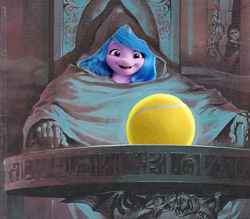 Size: 610x535 | Tagged: safe, edit, editor:flynnmlp, izzy moonbow, human, unicorn, g5, my little pony: a new generation, ball, meme, pondering my orb, solo, tennis ball, that pony sure does love tennis balls, wizard