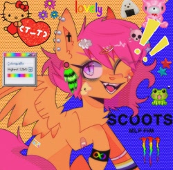 Size: 1964x1934 | Tagged: safe, artist:blairvonglitter, scootaloo, pegasus, pony, g4, bandaid, bandaid on nose, bracelet, chest fluff, coontails, ear piercing, earring, exclamation point, hello kitty, hello kitty (character), jewelry, kitty white, looking at you, monster energy, nonbinary, nonbinary pride flag, one eye closed, piercing, pride, pride flag, sanrio, sapphic, sapphic pride flag, scrapbook aesthetic, sharp teeth, solo, spread wings, teeth, wingding eyes, wings, wink