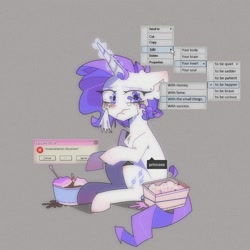 Size: 2000x2000 | Tagged: safe, artist:blairvonglitter, rarity, pony, unicorn, g4, comfort eating, crying, eating, female, floppy ears, food, handkerchief, high res, ice cream, magic, makeup, microsoft, microsoft windows, running makeup, solo, teary eyes, telekinesis, tissue, webcore