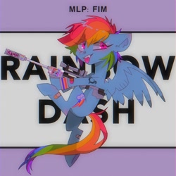 Size: 2000x2000 | Tagged: safe, artist:blairvonglitter, rainbow dash, pony, g4, bandage, gun, high res, looking at you, rifle, sniper rifle, solo, spread wings, tongue out, weapon, wings