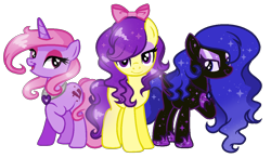 Size: 1230x718 | Tagged: safe, artist:gihhbloonde, oc, oc only, earth pony, pony, unicorn, base used, bedroom eyes, bow, earth pony oc, ethereal mane, eyelashes, female, hair bow, hoof on chest, hoof shoes, horn, looking at you, mare, open mouth, open smile, raised hoof, simple background, smiling, smiling at you, starry mane, transparent background, trio, trio female, unicorn oc
