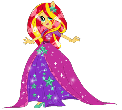 Size: 624x563 | Tagged: safe, artist:gihhbloonde, sunset shimmer, equestria girls, g4, base used, clothes, dress, eyelashes, high heels, shoes, simple background, smiling, solo, transparent background