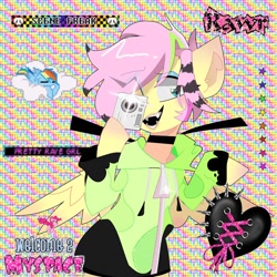 Size: 768x768 | Tagged: safe, artist:blairvonglitter, fluttershy, pegasus, pony, semi-anthro, antonymph, cutiemarks (and the things that bind us), g4, aesthetics, alternate hairstyle, arm hooves, camera, cellphone, choker, clothes, fluttgirshy, gir, hair over one eye, hoodie, invader zim, nostalgia, phone, sharp teeth, spread wings, striped mane, teeth, vylet pony, webcore, wings