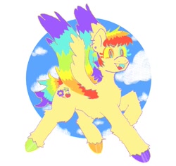 Size: 1231x1156 | Tagged: safe, artist:sugarfrogg_, oc, oc only, pegasus, pony, colored wings, colored wingtips, flying, smiling, solo, spread wings, wings