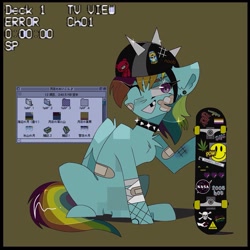 Size: 1779x1779 | Tagged: safe, artist:blairvonglitter, rainbow dash, pegasus, pony, g4, '90s, bandage, bandaid, chest fluff, choker, classic mac os, grin, helmet, injured, looking at you, mac os, one eye closed, skateboard, smiley face, smiling, solo, spiked choker, wink