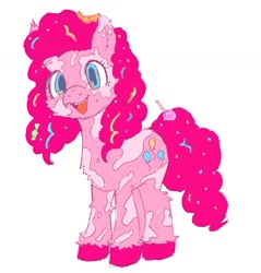 Size: 1144x1195 | Tagged: safe, artist:sugarfrogg_, pinkie pie, earth pony, pony, g4, alternate design, candy, candy in hair, coat markings, dappled, food, headcanon in the description, open mouth, smiling, solo