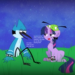 Size: 2048x2048 | Tagged: safe, artist:blairvonglitter, twilight sparkle, bird, pony, unicorn, g4, aeroplanes and meteor showers, bow, choker, crossover, crossover shipping, dialogue, female, hair bow, high res, lidded eyes, male, mordecai, mordetwi, regular show, shipping, smiling, spiked wristband, straight, wristband