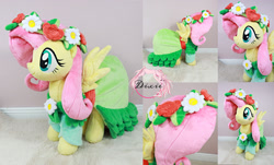 Size: 2400x1454 | Tagged: safe, artist:dixierarity, fluttershy, pegasus, pony, g4, clothes, commission, dress, irl, multiple views, photo, plushie, pony plushie, spread wings, wings, wreath