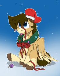 Size: 1744x2208 | Tagged: safe, alternate character, alternate version, artist:rokosmith26, oc, oc only, pegasus, pony, blue eyes, bow, cheek fluff, chest fluff, christmas, christmas stocking, christmas wreath, commission, floppy ears, gradient background, holiday, looking up, male, markings, one ear down, pegasus oc, pegasus wings, raised hoof, ribbon, simple background, sitting, smiling, solo, spread wings, stallion, sweat, sweatdrop, tail, tongue out, unshorn fetlocks, wings, wreath, ych result