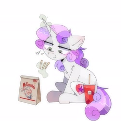 Size: 2048x2048 | Tagged: safe, artist:blairvonglitter, sweetie belle, pony, unicorn, g4, drink, eating, food, french fries, high res, levitation, lidded eyes, magic, mcdonald's, solo, telekinesis