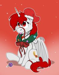 Size: 1744x2208 | Tagged: safe, alternate character, alternate version, artist:rokosmith26, oc, oc only, oc:lovers, alicorn, bat pony, bat pony alicorn, pony, bat wings, bow, cheek fluff, chest fluff, christmas, christmas stocking, christmas wreath, commission, female, floppy ears, gradient background, holiday, horn, jewelry, looking up, mare, necklace, one ear down, raised hoof, ribbon, simple background, sitting, smiling, solo, sweat, sweatdrop, tail, tongue out, wings, wreath, ych result