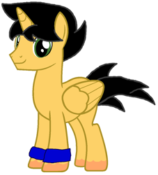 Size: 996x1096 | Tagged: safe, artist:lachlancarr1996, oc, oc only, alicorn, pony, alicorn oc, black mane, black tail, folded wings, full body, green eyes, horn, male, missing cutie mark, simple background, smiling, solo, stallion, standing, tail, white background, wings, wristband