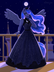 Size: 1280x1701 | Tagged: safe, artist:sinilga, princess luna, alicorn, anthro, clothes, dress, evening dress, evening gown, female, full moon, gown, looking at you, moon, night, solo