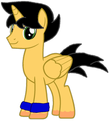 Size: 866x953 | Tagged: safe, artist:lachlancarr1996, oc, oc only, alicorn, pony, 2022 community collab, derpibooru community collaboration, alicorn oc, black mane, black tail, folded wings, full body, green eyes, horn, male, missing cutie mark, simple background, smiling, solo, stallion, standing, tail, transparent background, wings, wristband