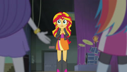 Size: 3410x1920 | Tagged: safe, screencap, rainbow dash, rarity, sunset shimmer, equestria girls, g4, my little pony equestria girls: rainbow rocks, bracelet, clothes, cutie mark, cutie mark on clothes, drums, electric guitar, female, guitar, high res, jacket, jewelry, leather, leather jacket, musical instrument, open mouth, skirt, sunset shimmer's skirt