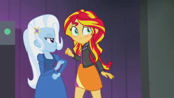 Size: 3410x1920 | Tagged: safe, screencap, sunset shimmer, trixie, equestria girls, g4, my little pony equestria girls: rainbow rocks, blushing, clothes, cutie mark, cutie mark on clothes, duo, duo female, female, hairpin, high res, jacket, leather, leather jacket, smiling