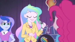 Size: 3410x1920 | Tagged: safe, screencap, pinkie pie, princess celestia, princess luna, principal celestia, vice principal luna, equestria girls, g4, my little pony equestria girls: rainbow rocks, drums, electric guitar, eyes closed, female, guitar, high res, microphone, musical instrument, smiling