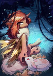 Size: 1668x2388 | Tagged: safe, artist:swaybat, oc, oc only, oc:flechette, changeling, insect, moth, mothling, original species, rabbit, animal, commission, eye clipping through hair, female, fluffy changeling, horn, lake, lidded eyes, looking back, pond, red changeling, sitting, solo, water, wings