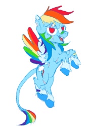 Size: 790x1071 | Tagged: safe, artist:sugarfrogg_, rainbow dash, pegasus, pony, g4, bandaid, bandaid on nose, coat markings, colored wings, eye scar, facial markings, flying, leonine tail, lidded eyes, multicolored wings, rainbow wings, scar, smiling, socks (coat markings), solo, spread wings, tail, torn ear, wings