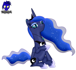 Size: 4154x3840 | Tagged: safe, artist:damlanil, princess luna, alicorn, pony, g4, clothes, crown, cute, dream, ear piercing, ethereal mane, eyeshadow, female, galaxy mane, high res, hoof shoes, horn, jewelry, looking at you, makeup, mare, necklace, piercing, regalia, shiny mane, shoes, show accurate, simple background, sitting, smiling, smiling at you, solo, transparent background, vector, wings