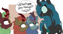 Size: 4000x2215 | Tagged: safe, artist:icey, cinder glow, maple brown, queen chrysalis, summer flare, oc, oc:nova glow, changeling, changeling queen, kirin, g4, abstract background, dialogue, emotionless, female, looking at each other, mare, nervous, sweat, sweatdrops, text