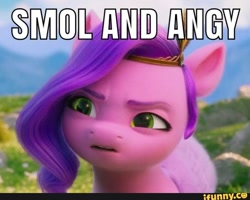 Size: 720x576 | Tagged: safe, edit, edited screencap, screencap, pipp petals, pegasus, pony, g5, my little pony: a new generation, spoiler:my little pony: a new generation, angy, caption, diadem, english, female, grass, grass field, her royal smolness, ifunny, image macro, impact font, mare, pipp is short, pipp is smol, pipp petals is not amused, smol, solo, text, unamused