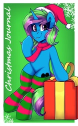 Size: 1500x2400 | Tagged: safe, artist:shadowreindeer, oc, oc only, oc:shimo, pony, unicorn, accessory, bipedal, christmas, clothes, commission, hat, holiday, looking at you, needs more saturation, present, scarf, simple background, smiling, socks, standing, striped socks, striped stockings, ych result