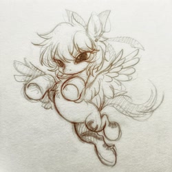 Size: 2048x2048 | Tagged: safe, artist:paipaishuaige, oc, oc only, pegasus, pony, bow, flying, hair bow, high res, solo, spread wings, traditional art, wings