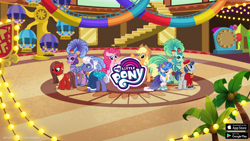 Size: 2560x1440 | Tagged: safe, gameloft, applejack, emerald flare, gladmane, pinkie pie, sangria sizzle, sapphire sequins, sapphire shores, welcome inn, earth pony, pony, g4, my little pony: magic princess, applejack's hat, cowboy hat, female, hat, las pegasus, male, mare, my little pony logo, palm tree, stallion, text, tree, unnamed character, unnamed pony, video game, watermark, youtube banner