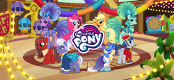 Size: 1666x768 | Tagged: safe, gameloft, applejack, emerald flare, gladmane, pinkie pie, sangria sizzle, sapphire sequins, sapphire shores, welcome inn, earth pony, pony, g4, my little pony: magic princess, applejack's hat, bellhop, bellhop pony, cowboy hat, female, hat, las pegasus, loading screen, male, mare, my little pony logo, palm tree, stallion, text, tree, unnamed character, unnamed pony, video game