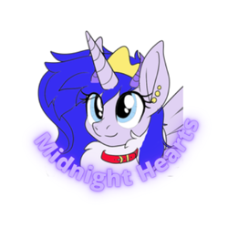 Size: 500x500 | Tagged: safe, artist:princessmoonlight, oc, oc:midnight hearts, alicorn, dragon, hybrid, kirin, pony, wolf, badge, bust, collar, crown, curve text, ear piercing, earring, jewelry, piercing, png, portrait, regalia