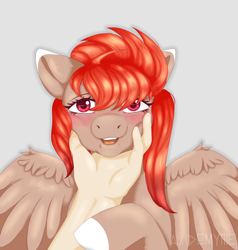 Size: 3800x4000 | Tagged: safe, artist:axidemythe, oc, oc only, oc:celtia, human, pegasus, blushing, commission, hand, human and pony, looking at you, open mouth, smiling, smiling at you, solo, spread wings, teeth, wings, ych result