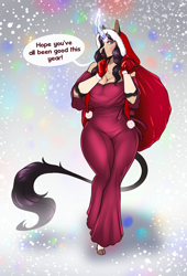 Size: 1750x2567 | Tagged: safe, artist:blackblood-queen, oc, oc only, oc:beryl lovegreen, unicorn, anthro, unguligrade anthro, anthro oc, bag, big breasts, breasts, christmas, cleavage, clothes, cloven hooves, curved horn, dialogue, digital art, female, gilf, gloves, grandmother, hearth's warming, holiday, hoodie, horn, leonine tail, mare, milf, snow, snowfall, speech bubble, tail, unicorn oc