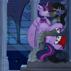 Size: 2363x2363 | Tagged: safe, artist:creed larsen, king sombra, twilight sparkle, alicorn, pony, unicorn, g4, armor, castle, female, glowing, glowing eyes, high res, horn, horn ring, hug, implied twibra, kiss on the lips, kissing, magic, male, mind control, ring, sombra eyes, sombrafied, straight, throne, twilight sparkle (alicorn), victorious villain, wings