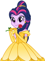 Size: 1024x1376 | Tagged: safe, artist:emeraldblast63, twilight sparkle, equestria girls, g4, beauty and the beast, belle, clothes, clothes swap, disney, disney princess, dress, female, flower, gloves, gown, long gloves, looking at you, rose, simple background, smiling, smiling at you, solo, transparent background