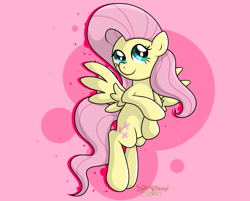 Size: 3800x3048 | Tagged: safe, artist:background basset, fluttershy, pegasus, pony, g4, abstract background, aside glance, female, flying, high res, looking at you, mare, smiling, smiling at you, solo, spread wings, turned head, wings